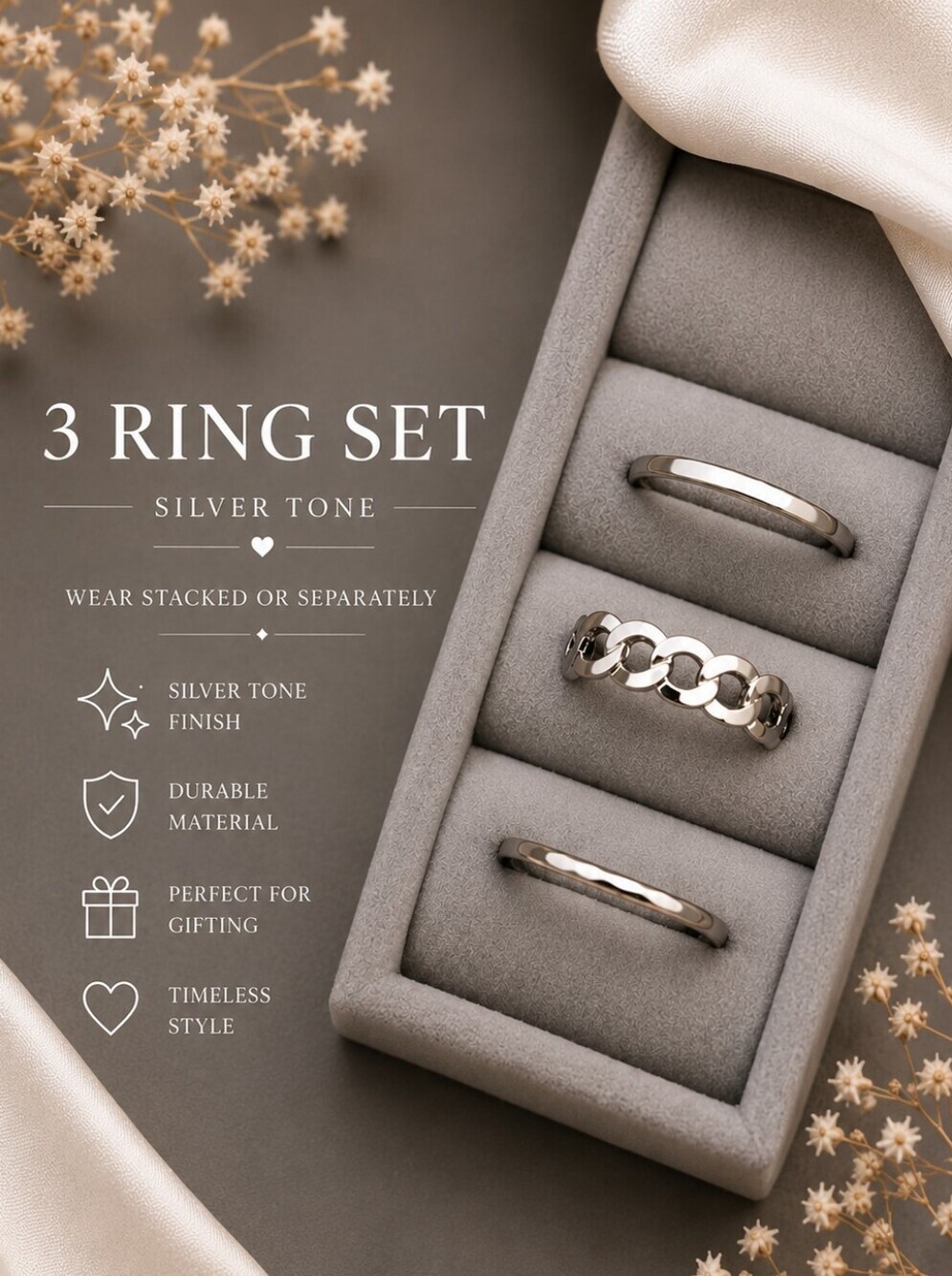 3-Piece Silver Tone Women's Ring Set - Stackable Fashion Bands